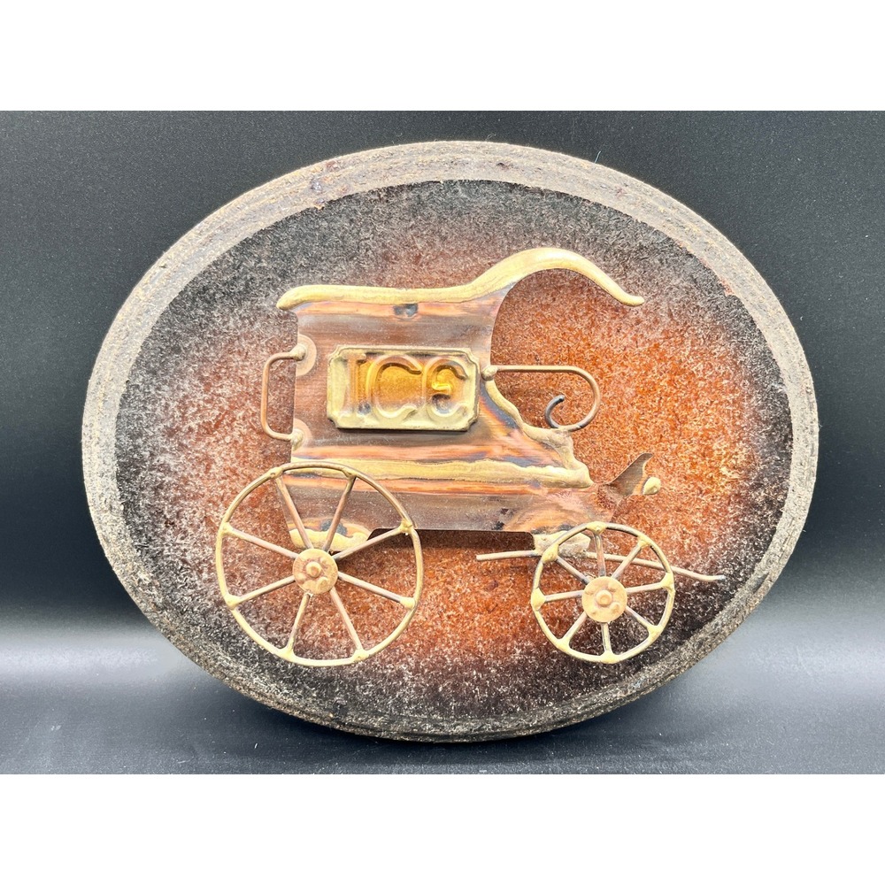 Vtg Mixed Metal Ice Wagon Wall Art Copper‎ Brass 3D Relief Oval Plaque 10x8"